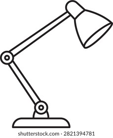 Minimalist black line vector icon of an adjustable desk lamp on a white background, perfect for office, study, and workspace design projects. Scalable outline illustration for modern branding.