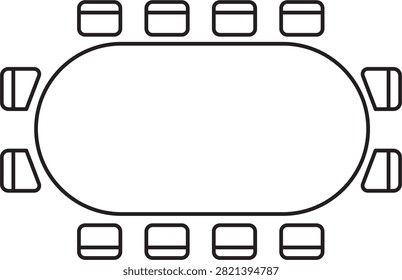 Minimalist black line vector icon of an oval conference table with twelve chairs, perfect for office meeting room layouts, business collaboration concepts, and workspace design illustrations.