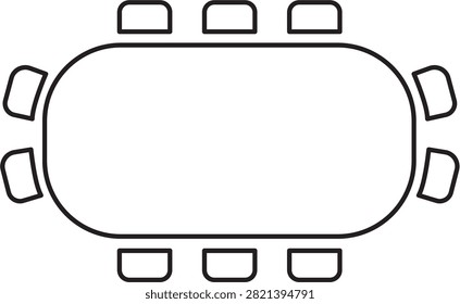 Minimalist black line vector icon of an oval conference table with ten chairs, top view. Perfect for business meetings, office collaboration, corporate teamwork, and professional workspace designs.