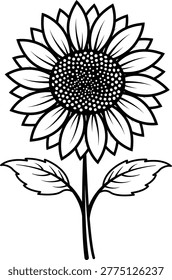 Minimalist black line vector illustration of a blooming sunflower with a stem and leaves, hand-drawn outline icon on a white background for nature, summer, floral, and botanical design projects.