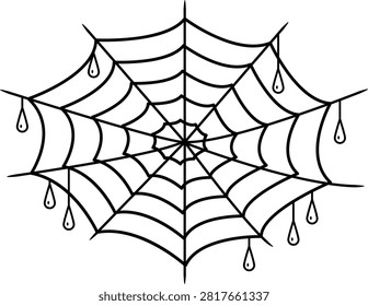 Minimalist black line vector illustration of a geometric spiderweb with hanging dew droplets, hand-drawn outline icon isolated on a white background for Halloween, nature, or spooky designs.