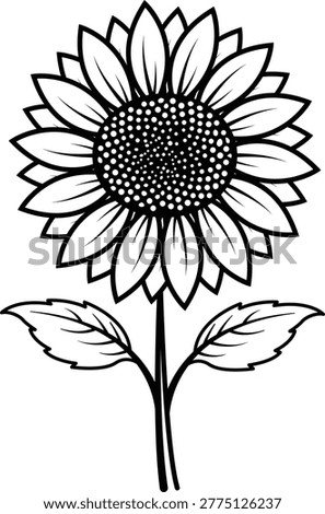 Minimalist black line vector illustration of a blooming sunflower with a stem and leaves, hand-drawn outline icon on a white background for nature, summer, floral, and botanical design projects.