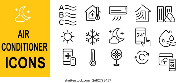 Minimalistisches Black Line Vektor Set mit 24 Klima- und Klimatisierungssymbolen in einem sauberen Raster für modernes Design