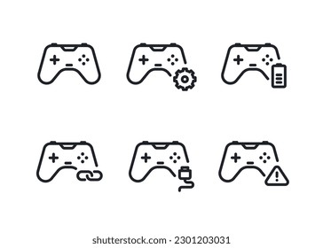 Gamepad lineal minimalista negro con iconos vectoriales de signo de acción. Configuración, estado de la batería, conexión, conexión del cable y aviso de diseño de iconos de concepto de acción gamepad.
