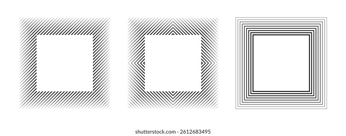 Minimalist black linear square frame set. Striped geometric border collection Thin overlap line picture frame bundle. Vector simple boarder element pack for photo, cadre, poster, card, decor