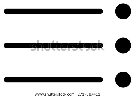 Minimalist black list icon with horizontal bars and bullet points. Perfect for web design, app navigation, and organizational concepts. Represents tasks, options, and structured data.