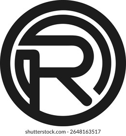 Design de logotipo preto minimalista com letra abstrata r dentro de um contorno de círculo