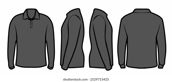 Uma camisa de manga longa preta minimalista com um colar afiado, feita de um tecido suave e leve. Ideal para desgaste casual ou semiformal, com um design de vetor simples e limpo