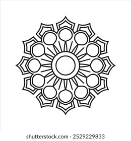 Arte vectorial minimalista negro mandala, fondo simétrico monocromo, color negro mandala sobre fondo blanco.