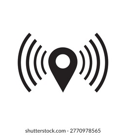 Minimalist black map pin icon featuring lateral signal waves. Perfect for GPS tracking, navigation apps, wireless geolocation, and beacon technology. Clean 2D flat vector design for digital maps.