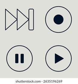 Minimalist Black Media Control Icons with Play, Pause, Record, and Fast Forward Symbols Inside Circles
