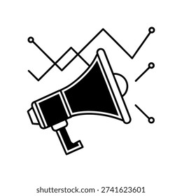 Minimalist black megaphone vector icon with clean lines, ideal for announcements, protests, or communication designs in bold contrast.