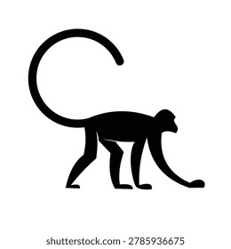 Minimalist black monkey silhouette on a white background, featuring a distinctive curled tail. Perfect for graphic design, icons, and logos.