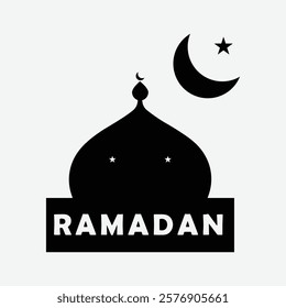 Minimalist black mosque dome with crescent, star, and "RAMADAN" text symbolizing the holy month. Mosque Silhouette.