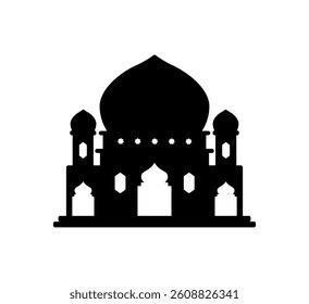 Minimalist Black Mosque Silhouette with Domes and Minarets for Islamic Backgrounds and Religious Themes.
