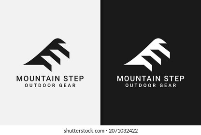 Minimalist Black Mountain with Stair Step Combination for Adventure Gear, Outdoor, Community Logo Design.