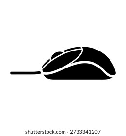 Es wird eine minimalistische schwarze Maus präsentiert, die sich durch ihren fetten, flachen Silhouettenstil auszeichnet.