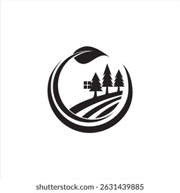 Minimalist black nature logo featuring pine trees, a small house, and farmland inside a leaf circle. Ideal for eco housing, green living, forestry, or sustainable land development.