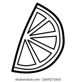 Minimalistischer schwarzer Umriss einer Zitrusfruchtscheibe, ähnlich Zitrone oder Orange. Einfach handgezeichnet, perfekt für Food-Design, Icons, Muster oder gesunde Lifestyle-Projekte.