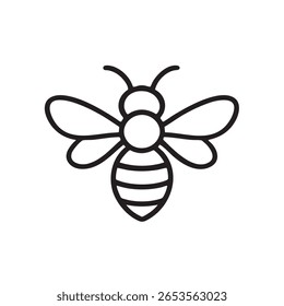 A minimalist black outline drawing of a bee featuring wings, a round body, and distinctive horizontal stripes.