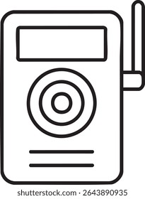 A minimalist, black outline drawing depicts a wireless security camera with an antenna, display, and circular lens design.
