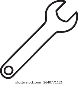 A minimalist, black outline drawing of an open-end wrench, diagonally oriented on a white background, commonly used for tightening bolts.