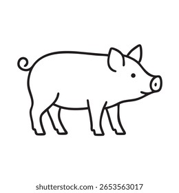 A minimalist black outline drawing of a pig standing, featuring a curly tail, round snout, and small ears.