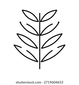 Minimalist black outline drawing presenting a plant stem with symmetrical leaves, creating a basic, clean visual element for design projects, web graphics, and educational resources