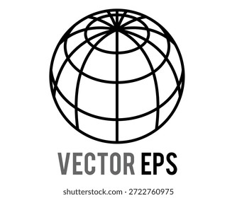 A minimalist black outline of a globe with intersecting latitude and longitude lines, featuring a tiny green marker at the equator