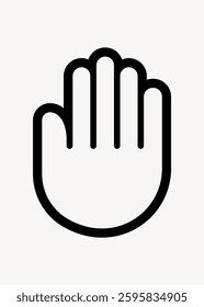 Minimalist black outline of a hand with fingers extended, palm facing forward. Simple hand design, hand outline, hand symbol on a white background. User interface icon vector.