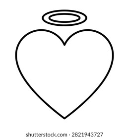 Minimalist black outline of a heart shape topped with a halo. Symbolizing love, purity, and divine affection. Isolated on white background for design use.