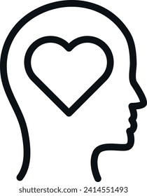 A minimalist black outline of a human head with a heart shape inside, symbolizing love or positive emotion.