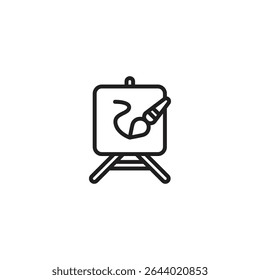A minimalist black outline icon of an artist's easel with a canvas, on which a paintbrush is depicted making a stroke. The background is solid white.