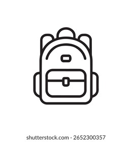 Um ícone de contorno minimalista e preto de uma mochila. O gráfico simples apresenta um compartimento principal, um bolso frontal com um detalhe de aba e fivela, e duas tiras de ombro.