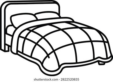 Minimalist Black Outline Icon of a Comfortable Double Bed With Quilted Heavy Weighted Blanket and Pillows