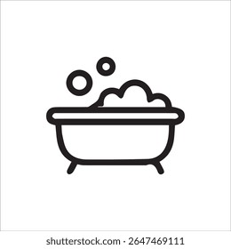 A minimalist black outline icon depicting a bathtub overflowing with bubbly foam, ideal for designs related to hygiene, self-care, and relaxation.