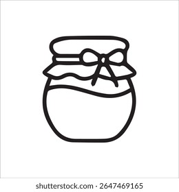 Um ícone de contorno preto minimalista representando um jarro de conservas ou mel, adornado com um arco decorativo. Ideal para marcas de produtos alimentares, blogs de receitas ou projetos de artesanato.