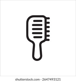 A minimalist black outline icon depicting a hairbrush, ideal for web design, app interfaces, or print materials related to beauty, hair care, styling, and personal grooming accessories.