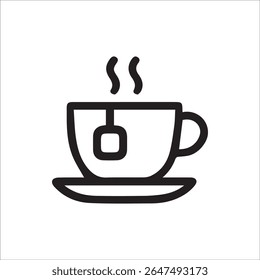 Um ícone de contorno preto minimalista representando uma xícara de chá quente com um saco de chá que se inclina para dentro e vapor subindo. Ideal para menus, sites, aplicativos ou qualquer design que precise de um símbolo claro de bebida.
