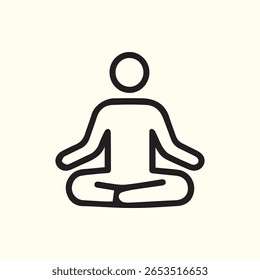 A minimalist black outline icon depicting a person in a serene meditation or yoga lotus pose symbolizing peace mindfulness and spiritual wellness on a light background.