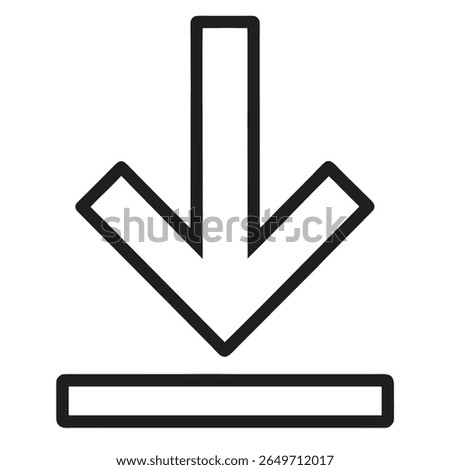 A minimalist black outline icon depicting a downward-pointing arrow formed by three segments. The top segment is a vertical bar, and the bottom two segments form a chevron shape pointing downwards. 