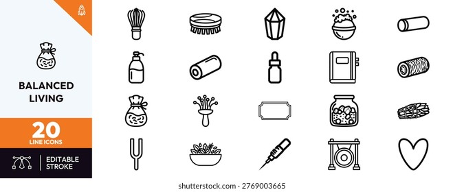 Minimalist black outline icon elements for daily self care wellness rituals and healthy living routines