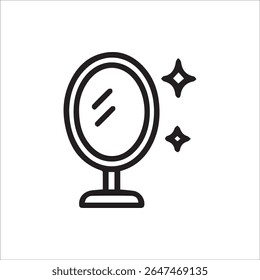 Minimalist black outline icon featuring a tabletop mirror with reflection and sparkle effects ideal for beauty personal care and elegant design elements perfect for apps websites or graphic use.