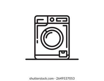 A minimalist black outline icon of a front-loading washing machine, featuring a circular drum and control panel, isolated on a clean white background.