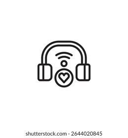 A minimalist black outline icon of over-ear headphones with a circular element below them showing a heart inside a circle and Wi-Fi-like signals above, all on a white background.