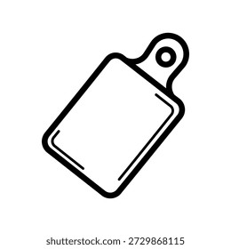 Ícone de contorno preto minimalista de uma mesa de corte de cozinha retangular com uma alça, ideal para preparação de alimentos, cozinhar e servir ingredientes em um design limpo e moderno