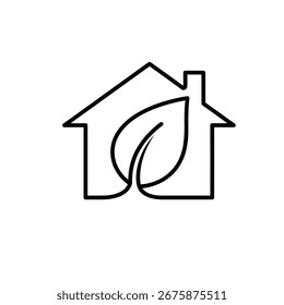 A minimalist black outline icon representing an eco-friendly house. The symbol features a house silhouette with a stylized leaf integrated into its structure, signifying environmental consciousness an