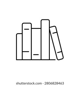 A minimalist black outline icon of a row of leaning books, representing reading, literature, libraries, and education. This clean vector line icon is ideal for bookstores, libraries, educational websites, and literary branding.
