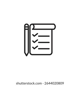 A minimalist black outline icon showing a notepad with three check-marked lines and a pencil beside it, on a plain white background. It suggests a to-do list or checklist.