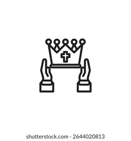 A minimalist black outline icon showing two hands holding up a crown adorned with a cross, set against a plain white background. It symbolizes royalty, achievement, or self-worth.